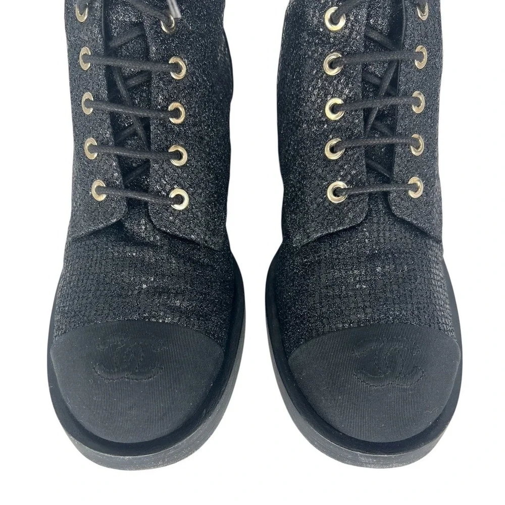 Chanel‎ 2022 CC Logo Glitter Combat Boots Black Runway Virginie Viard 38.5